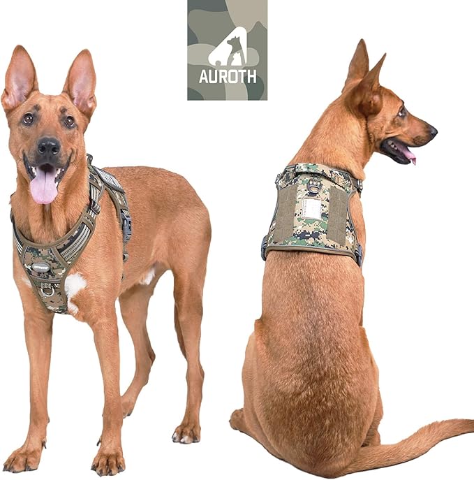 Auroth Tactical Dog Harness for Large Dogs No Pull Adjustable Pet Harness Reflective Working Training Easy Control Pet Vest Military Service Dog Harnesses Woodland Camo XL