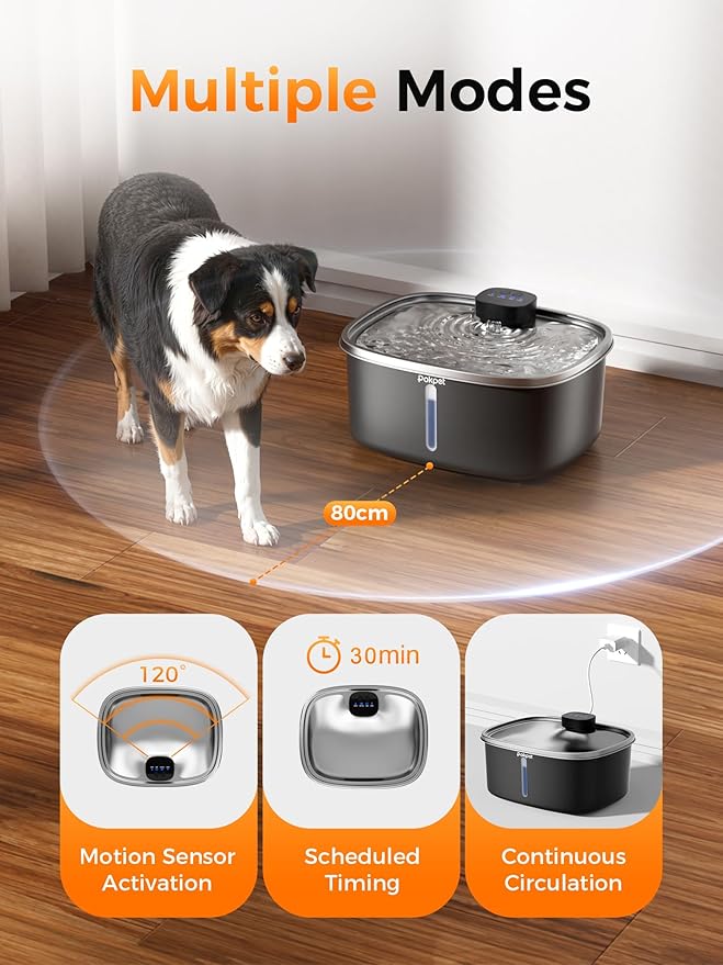 Water Fountain for Dogs Cats Stainless Steel 10L/2.64Gal Wireless Smart Automatic Water Dispenser Cordless Quiet Bowl Multi-Filtered Multi-Pet Home Outdoor -Wireless Black&1Filters