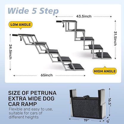 Extra Wide Dog Steps for Car, Truck and SUV - Foldable Pet Stairs for Large Dogs with Non-Slip Rug Surface, Lightweight Dog Ramp Holds Up to 250lbs, 5 Steps