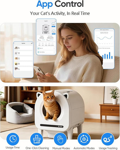 Automatic Cat Litter Box, Self Cleaning Litter Box 68L Large Capacity for Multiple Cats, App Control with Dual Safety Sensors, Anti-Pinch & Odor Control, Washable Liner & 2 Rolls Trash Bags