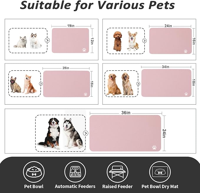 Dog Food Mat - Absorbent Cat Mat for Food and Water, No Stains Pet Feeding Bowl Mat, Easy to Clean Pet Placemats, Quick Dry Dog Water Dispenser Mat for Messy Drinkers | Paw Pink 12"x 19"