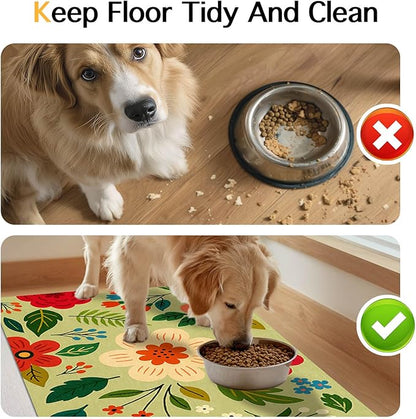 Non Slip Pet Feeding Mat with Floral Design for Dogs and Cats Food Water Bowl Placemat Easy Clean Pet Food Mat for Kitchen Dining Area Home Decor 24 x 16 Inch Absorbent Cat Water Bowl Mat