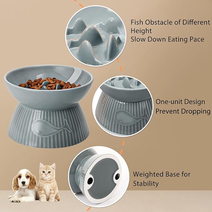 Elevated Slow Feeder Bowl for Cats and Small Dog, Stop Vomiting & Choking, Ceramic Slow Cat Bowl, Spill-Proof & Anti-Tipping, Easy to Clean, No Black Chin, Raised Pet Bowl for Dry & Wet Food
