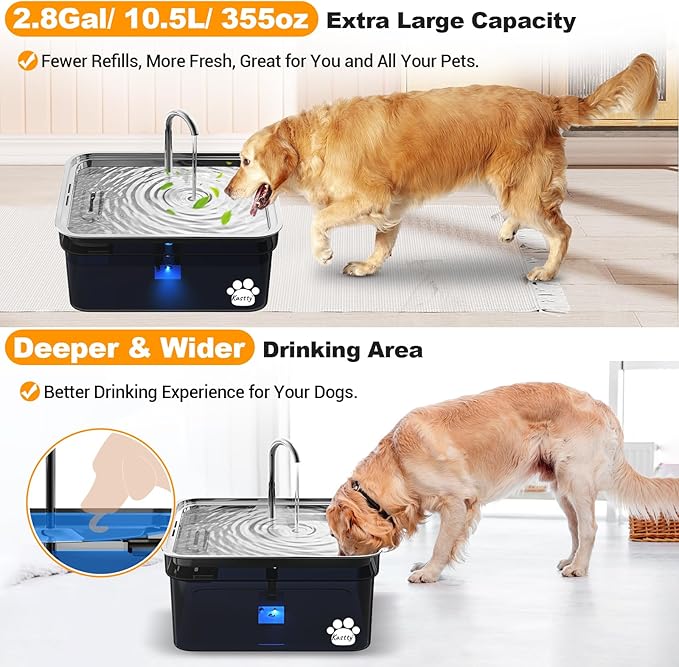 Kastty Dog Water Fountain for Large Dogs, 2.8Gal/10.5L Stainless Steel Cat Water Fountain, Super Quiet Smart Pet Water Fountain Automatic Dog Water Bowl Dispenser with LED Pump, Easy to Assemble Clean