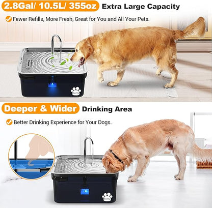 Kastty Dog Water Fountain for Large Dogs, 2.8Gal/10.5L Stainless Steel Cat Water Fountain, Super Quiet Smart Pet Water Fountain Automatic Dog Water Bowl Dispenser with LED Pump, Easy to Assemble Clean