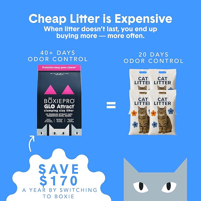 Boxie Glo Clumping Clay 30 Day Odor Control Cat Litter, 99.9% Dust-Free, Low Tracking, UV Light Attractant, 40 lb