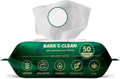 Bark & Clean Dog Wipes for Paws and Butt, 50 Count Large 8.5" x 9" Hypoallergenic Bamboo Pet Wipes Compostable Puppy Wipes with Lavender for Dogs Body Face - Deodorizing Grooming Wipes