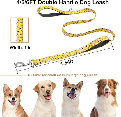 6ft Dog Leash with Two Padded Handles, Heavy Duty Strong Nylon Pet Leash with Soft Neoprene Handle for Small Medium Large Dogs, Yellow Bee