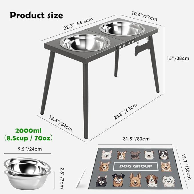 Elevated Dog Bowls for Large Extra Large Pet, Raised Dog Bowl Stand with Sprill Proof Mat and Bowls (2000ml/70oz), Pet Food & Water Bowl 15.5" Tall Dogs Feeder for Extra Large Breed, Grey