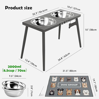 Elevated Dog Bowls for Large Extra Large Pet, Raised Dog Bowl Stand with Sprill Proof Mat and Bowls (2000ml/70oz), Pet Food & Water Bowl 15.5" Tall Dogs Feeder for Extra Large Breed, Grey