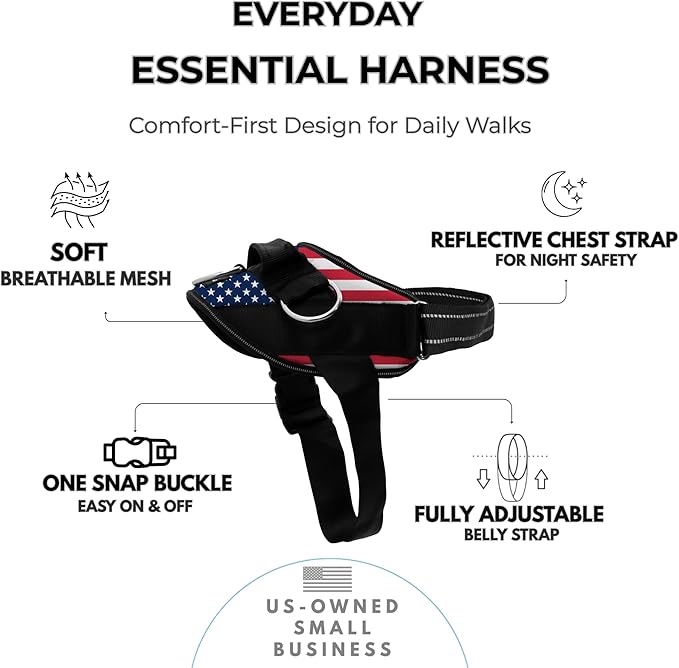 ShawnCo Essential Dog Harness, No-Pull Pet Vest with 3 Leash Clips, No Choke, Reflective, Adjustable and Padded, for Easy Walking and Training for Small, Medium and Large Dogs (Stars and Stripes, L)