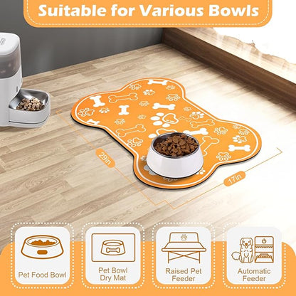 Dog Cat Mat for Food and Water,Rapid Absorbent Pet Feeding Mat, Bone Shaped Dog Placemat Bowl Mat with Rubber Backing,No Stains Pet Food Mats Indoor, Pet Accessories Supplies,Orange 17"×29"