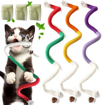 Cat Toys for Indoor Cats, Kitten Toys for Indoor Kittens, Catnip Rope Chew Toys for Teeth Cleaning, Interactive Cat String Toy, Kitty Kicker Toy, 3 Pack (Plus 3 Pouches of Catnip)