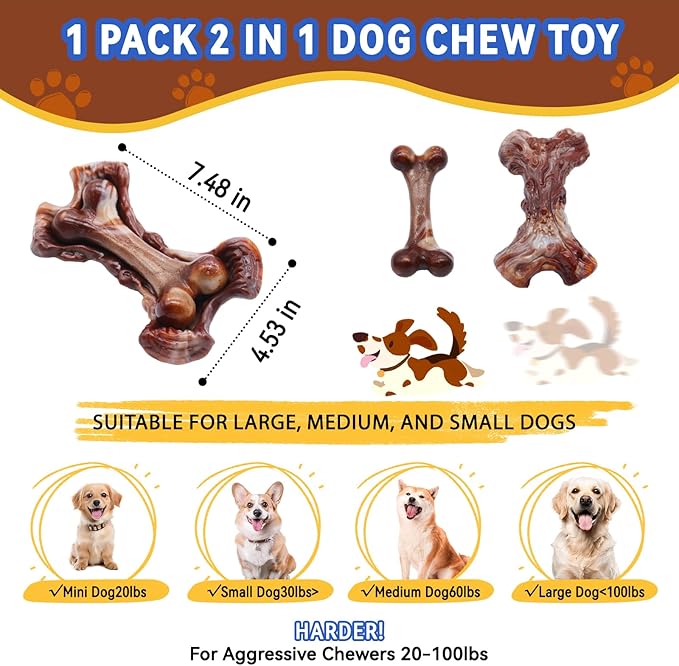 Magicorange Tough Dog Toys, Chew Toys for Aggressive Chewers, Dog Bone Toy Nylon Almost Indestructible Dogs Toy for Teeth Cleaning and Training (Brown
