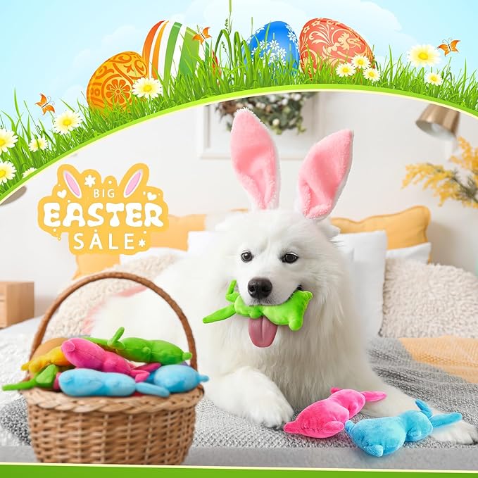 Leyndo 24 Pieces Plush Easter Bunny Dog Toys 6 Inch Pastel Colors Bunny Shaped Easter Dog Squeaky Toys for Pet Gifts Teething Chew Supplies