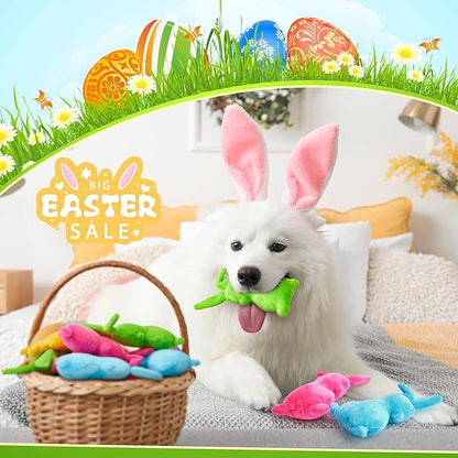 Leyndo 24 Pieces Plush Easter Bunny Dog Toys 6 Inch Pastel Colors Bunny Shaped Easter Dog Squeaky Toys for Pet Gifts Teething Chew Supplies