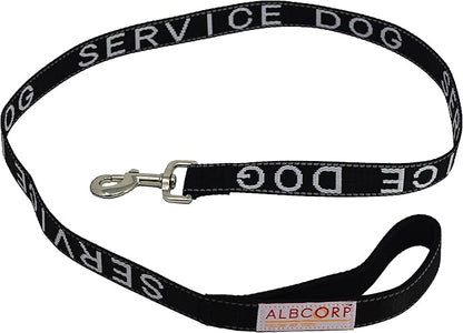 Albcorp Service Dog Leash - Embroidered- with Padded Neoprene Handle and Reflective threads, 4 Feet, for Harnesses, Vests or Collars, Black