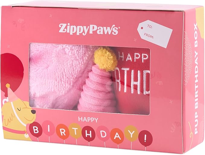 ZippyPaws Birthday Box - Dog Squeaky Toys to Keep Them Busy, Funny Food Plush for Small, Medium, & Large Dogs, Cute Stuffed Puppy Toy & Hat, Pet Products, Gift for Dogs of All Breeds - 3-Pack, Pink