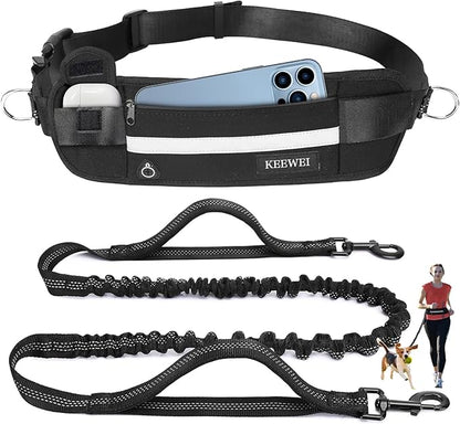 Hands Free Dog Leash with Zipper Pouch, Dual Padded Handle Waist Belt, Retractable Bungee Leash with Reflective Stictches for Small & Medium Dog Running Walking Jogging Training, Black