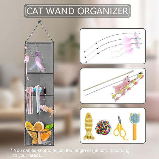 Hanging Cat Wand Holder and Kitten Stick Toy Storage Bag - Accessories Organizer for Indoor Cats (Fabric Pockets)