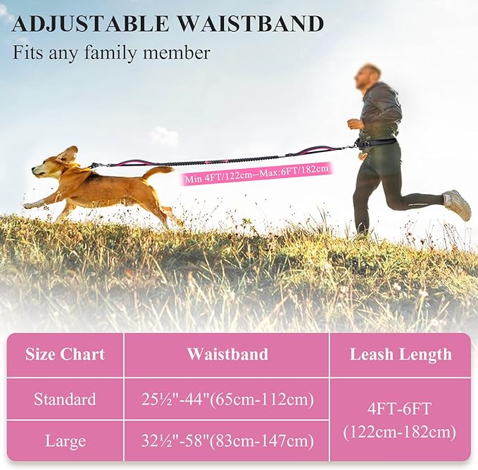 VIVAGLORY Hands Free Dog Leash Bungeeone Running Dog Leash with Waist Belt for Running Walking & Jogging, Bungee & Around Waist for Pet, M, Black/Pink