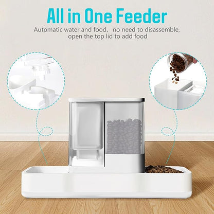 Automatic Small Pet Feeder and Water Dispenser, 2 in 1 Gravity Cat Auto Cat Small Medium Dog Feeder and Waterer Set Dish for Puppy Kitten Pets (White)