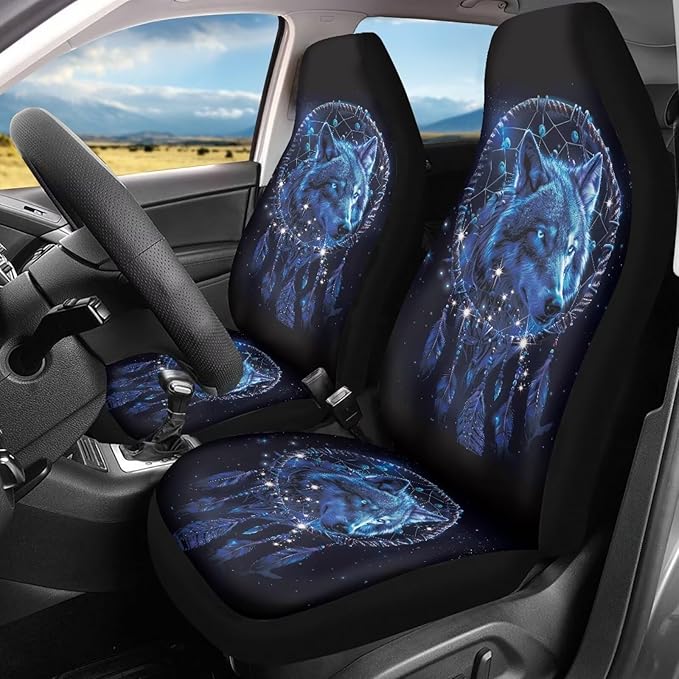 Car Seat Covers Set of 2, Wolf Dream Catcher Print Universal Auto Front Seat Protector Vehicle Seat Cushion Cover for Women Decorative Car Accessories Fit for Car SUV Truck