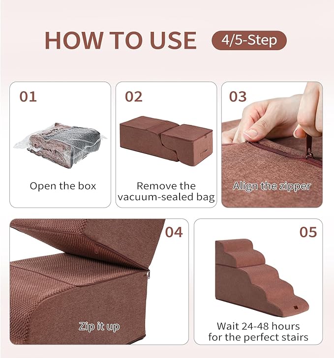 Made4Pets Dog Stairs Ramp for High Bed 22.8" H, 5-Step Pet Stairs for Bed Couch Sofa Climbing, 35D Foam Pet Steps for Small Dogs and Cats, Non-Slip Bottom Dog Steps, Brown