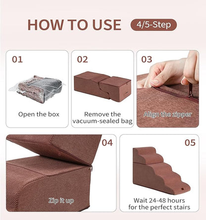 Made4Pets Dog Stairs Ramp for High Bed 22.8" H, 5-Step Pet Stairs for Bed Couch Sofa Climbing, 35D Foam Pet Steps for Small Dogs and Cats, Non-Slip Bottom Dog Steps, Brown