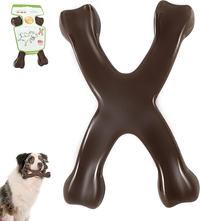 Tough Dog Chew Toy for Aggressive Chewers, Indestructible Beef Flavor Nylon Bone, Durable Dental Toy for Teeth Cleaning & Anxiety Relief, for Small Medium Large Dogs, Keep Them Busy (Brown-X)