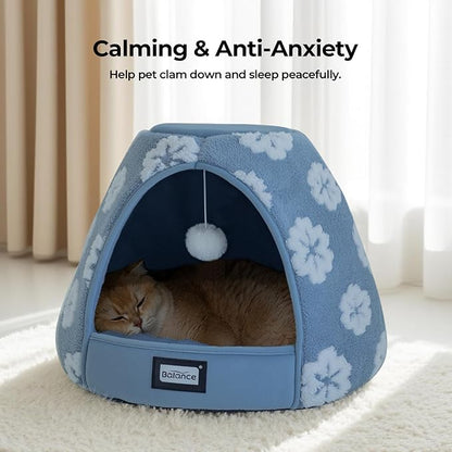 BALANCE Cat Beds for Indoor Cats, 2-in-1 Cat Bed Cave with Anti-Slip Bottom and Ultra-Soft Plush, Cozy Cats House Tent for Kittens and Small Dogs, 19 Inches, Blue