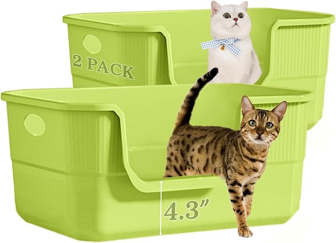 2 Pack Low Entry Litter Box for Kittens & Senior Cats, High Sided Litter Boxes with Handle, Anti-Splash Plastic Large Litter Tray Pan for Big Cat, Easy to Clean, 19.6" L*13.7" W*8.6" H (Green)