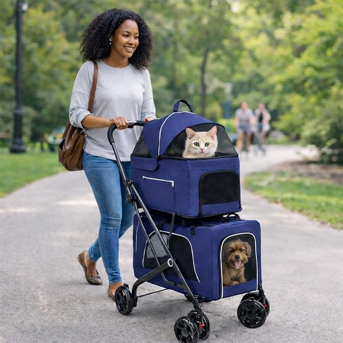 Petmolico Double Pet Stroller for 2 Cats/Dogs Strollers,2 Detachable Cat Carrier,No-Zip Double Pet Travel Storller for Small/Medium Dogs(Blue&Black)