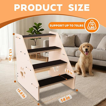 Dog Stairs Ramp, Wooden 4-Step Dog Ramp for Small/Medium/Older Dogs and Cats, Non-Slip Pet Ladder for High Beds, Sofas, Bay Windows