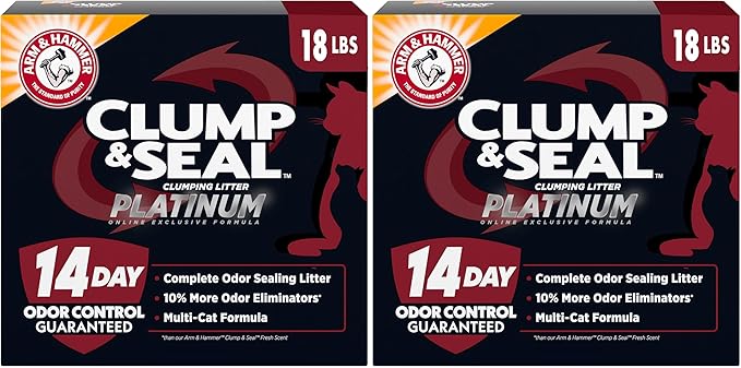 ARM & Hammer Clump & Seal Platinum Cat Litter, Multi-Cat, 14-Day Odor Control, Rock-Hard Clumps, 18 lbs – Powerful Odor Eliminator with Baking Soda (Pack of 2)