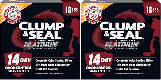 ARM & Hammer Clump & Seal Platinum Cat Litter, Multi-Cat, 14-Day Odor Control, Rock-Hard Clumps, 18 lbs – Powerful Odor Eliminator with Baking Soda (Pack of 2)