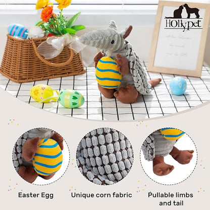 Hollypet Plush Dog Squeaky Toy Stuffed Armadillo Animal Pet Puppy Chew Toys with Clean Teeth for Small Medium Large All Breed Sizes Dogs, Gray, 8 in, Yellow Easter Egg with Blue Stripes