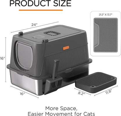 Anywish Stainless Steel Cat Litter Box with Lid, XL Extra Large Enclosed Removable Metal Litter Box with Litter Scoop&Double Layer Litter Mat, Non-Sticky, Non-Odor, for Big Cats Dark Grey