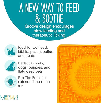 Messy Mutts Framed Silicone Therapeutic Licking Bowl Mat | 9.5" x 9.5" | Slow Feeder Mat for Boredom & Anxiety | Lick Pad for Dogs & Cats | Orange