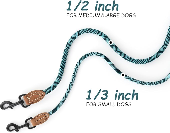 Mile High Life Small Dog Leash, Thin Rope Leash with Genuine Leather Connection and Heavy Duty Metal Clasp, Great for Small Medium Dogs(Turquoise Green, 60 Inch-1/3)