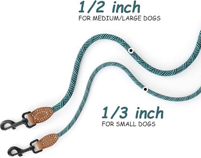 Mile High Life Small Dog Leash, Thin Rope Leash with Genuine Leather Connection and Heavy Duty Metal Clasp, Great for Small Medium Dogs(Turquoise Green, 60 Inch-1/3)