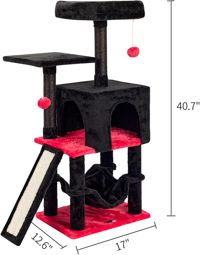 MIAO PAW Gothic Cut Cat Tree with Coffin Bed for Indoor Cats Cat Tower with Scratching Post Modern Activity House for Large Cats Condo with Board Kittens Cave Hammock Hanging Ball RED Black