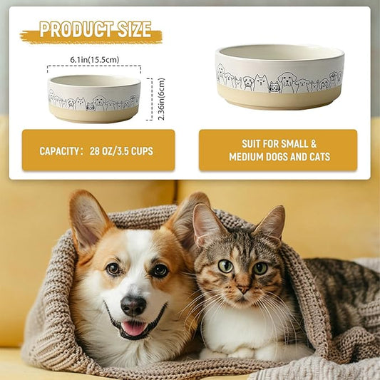 Ceramic Dog Bowls Set of 2，6.1inch Wide Dog Food Bowl with Cute Patterns Printing for Small Medium and Large Breed Dogs,Weighted Pet Feeding Dishes for Food and Water Dishwasher Safe