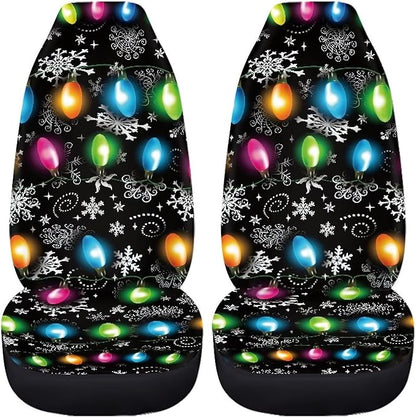Christmas Lights Car Seat Covers Full Set of 2, Cloth Seat for Auto Front Seats, Black Bucket Seat Covers for Cars Washable and Breathable Car Accessories for Sedan Truck SUV