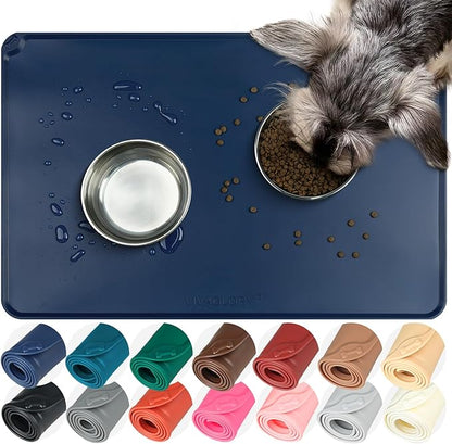 VIVAGLORY Dog Food Mat Flexmat Dog Bowl Mat, Placemat Food Tray with Raised Edges & Lip for Indoor Floor, Non Slip Waterproof Silicone Dish Placemat for Cat & Pet, L, Navy Blue