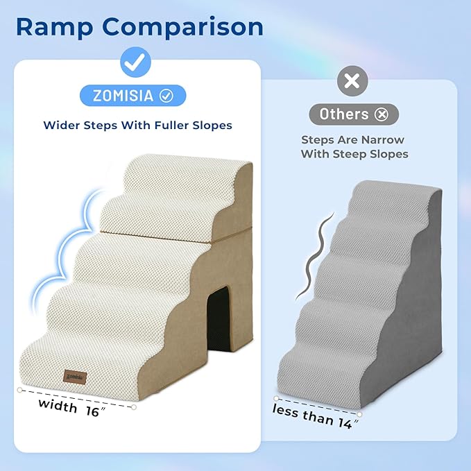 Dog Steps for High Beds - 6 Step 29" H Pet Stairs with Tunnel 2 in 1 with Zippers Suitable for Large Dogs and Cats, Indoor Cat Ladders with Non-Slip Bottom, Beige