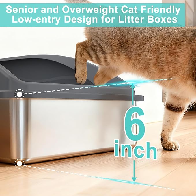 Stainless Steel Litter Box | XL Enclosed Cat Litter Boxs with Lid for Big Cats | High Sided, Anti-Urine Leakage | Non-Stick Bottom & Includes Litter Mat & Metal Scoop (Dark Gray)