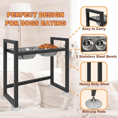 Elevated Dog Bowls Stand with 2 Stainless Steel Food & Water Bowls for Large Medium Small Dogs, Adjustable Raised Dog Bowl with Non-Slip Plastic Sucker for Pet,Black