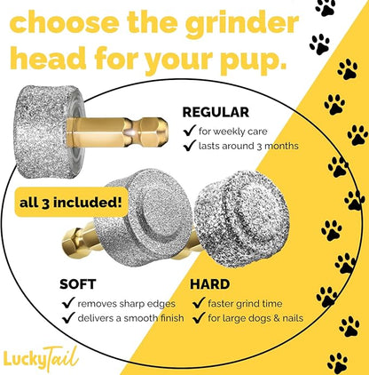 LUCKY TAIL - Dog Nail Grinder - Regular, Hard & Soft Replacement Head - Small & Large Dogs - Premium Quality - Diamond Tip Drill Bit - Professional Dog Nail Trimmers - Grooming Kit - 3 Pack