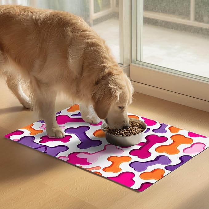 Colorful Dog Bone Pattern Pet Food Mat for Dog Food and Water Bowl Pet Feeding Bowl Mats for Pet Feeding Areas Funning Easy Clean Fast Dry Cat Water Bowl Mat 24" x 16"